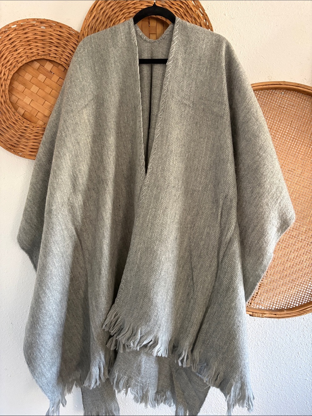 Light Gray Wool Women's Fringe Poncho Fringe Sweater Wrap one size